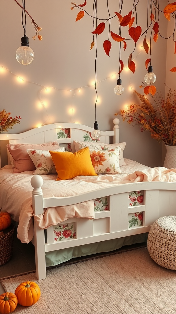 Cozy bedroom with autumn decorations, featuring a white bed, colorful pillows, hanging lights, and pumpkins.