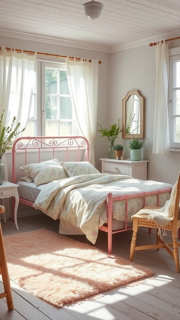 A pastel-themed bedroom with a pink bed, floral bedding, and large windows letting in sunlight.