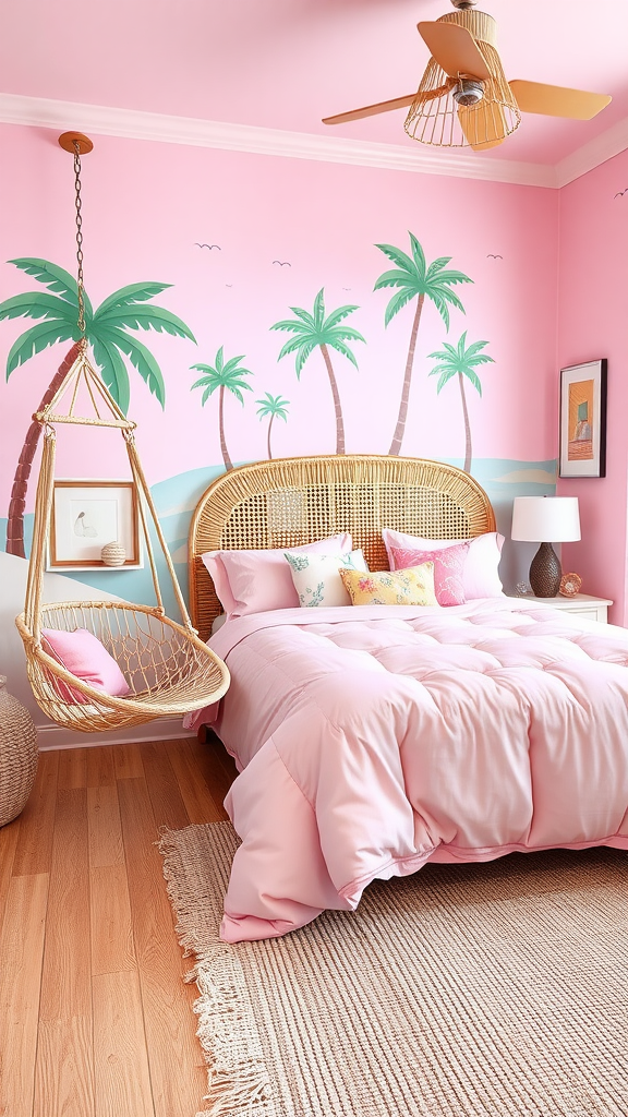 A whimsical pink coastal bedroom featuring a palm tree mural, pink bedding, and a hanging hammock chair.