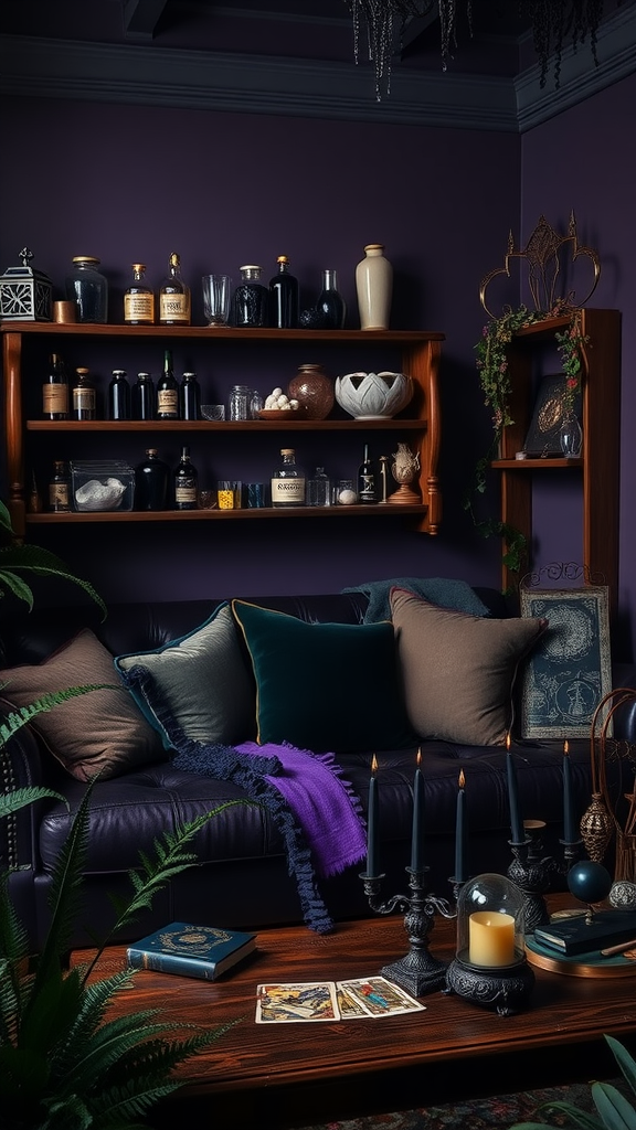 A cozy dark cottagecore living room featuring a deep purple wall, plush couch with colorful pillows, intriguing shelves filled with jars, and candle-lit coffee table.