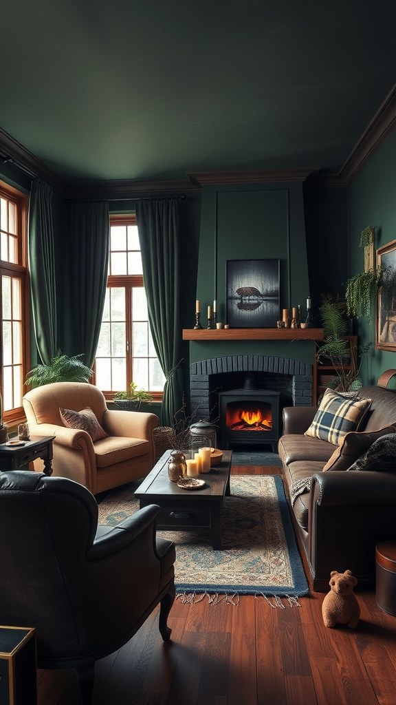 A cozy dark cottagecore living room with green walls, a fireplace, and comfortable seating.