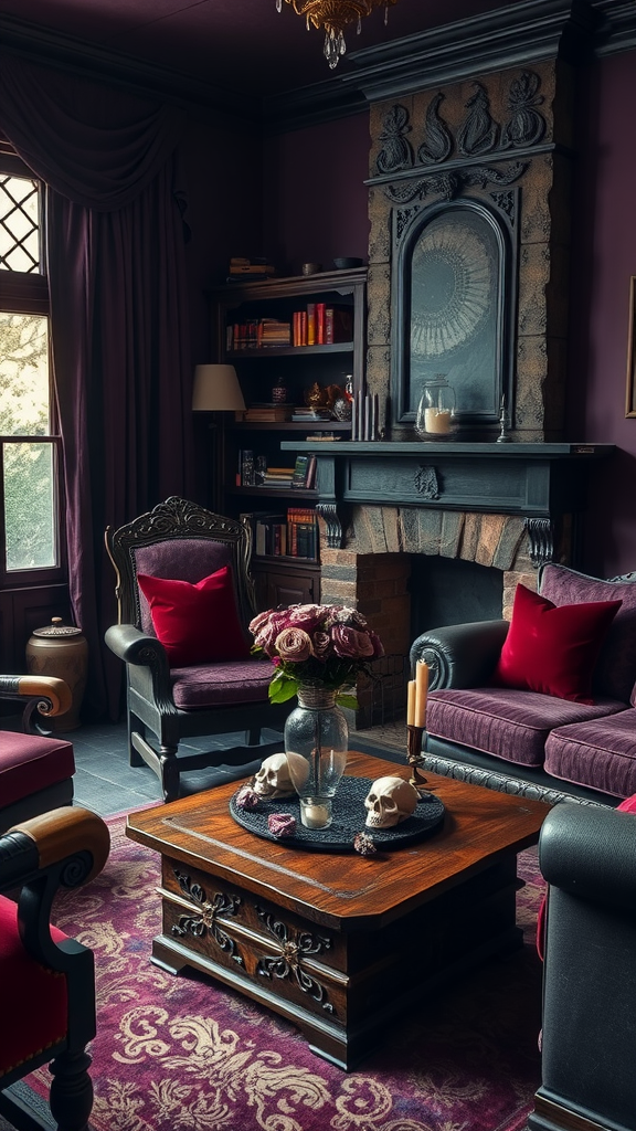 A dark cottagecore living room featuring deep purple walls, gothic furniture, and decorative skulls.