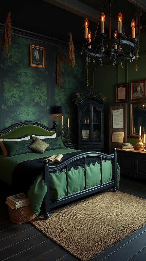 A dark cottagecore bedroom featuring green walls, a vintage chandelier, and an elegantly dressed bed.