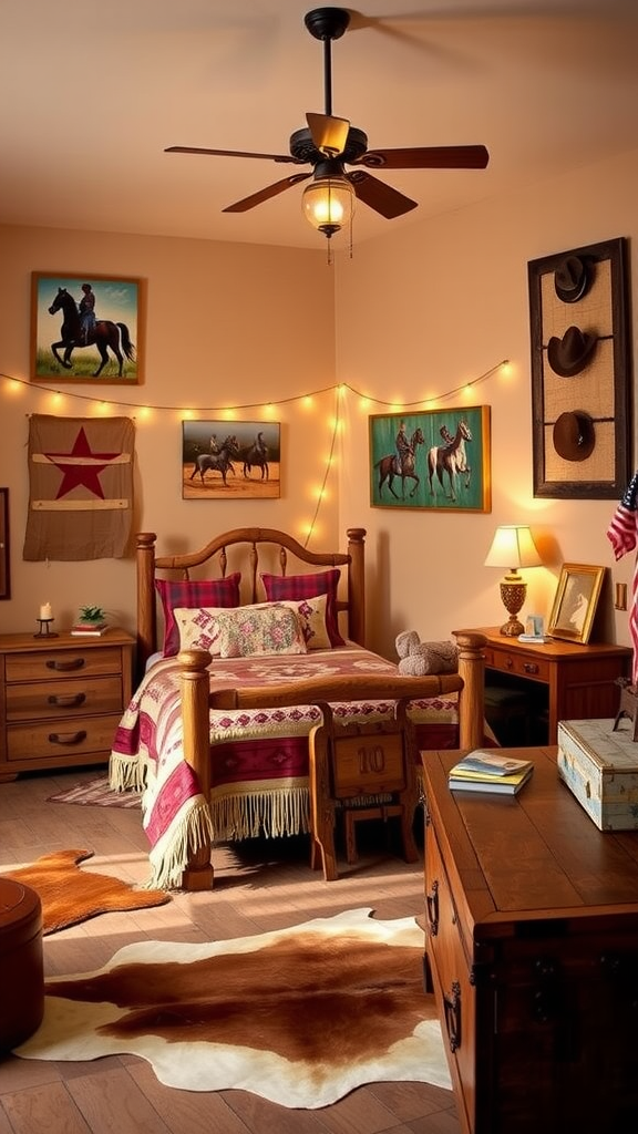 A Wild West themed bedroom with wooden furniture, cowboy decorations, and a cozy atmosphere.