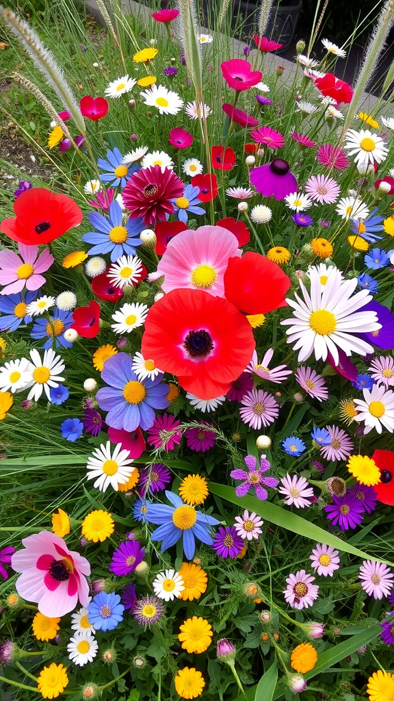 Vibrant wildflower meadow garden with colorful flowers and grasses