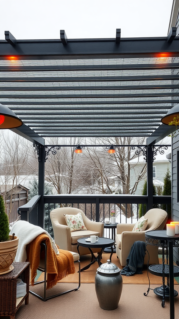 A winter-ready pergola with heat lamps, cozy seating, and decorative elements.