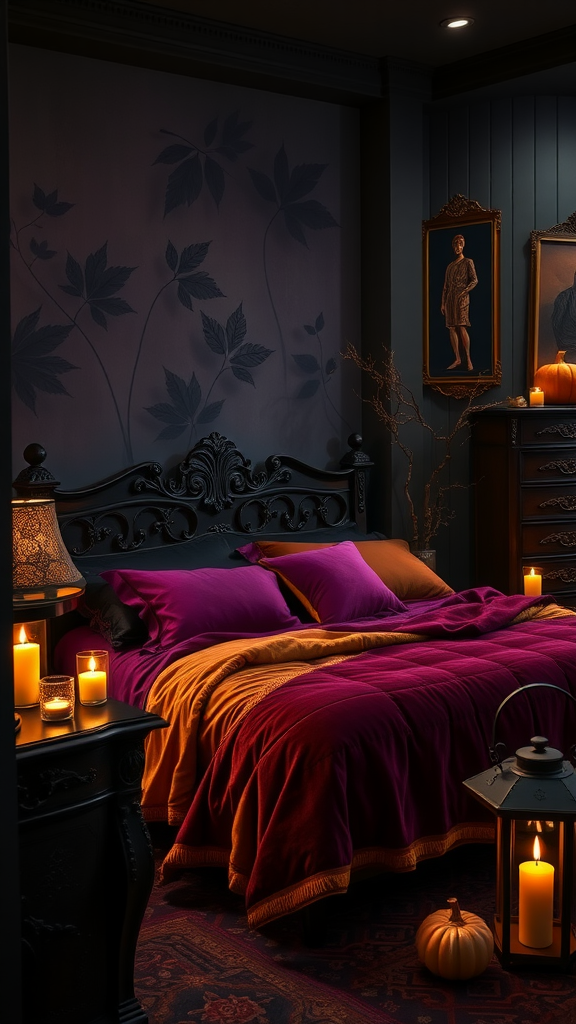 A cozy fall bedroom with rich purple and orange bedding, candles, and autumn decorations.