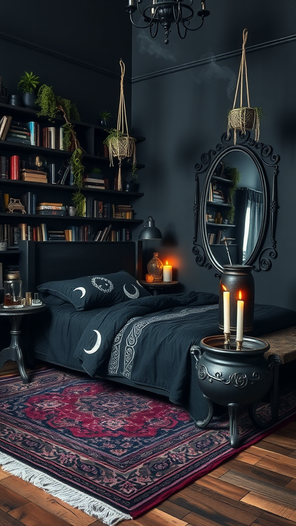 A dark cottagecore bedroom featuring black walls, a cozy bed with moon-themed pillows, bookshelves filled with books, and warm candlelight.