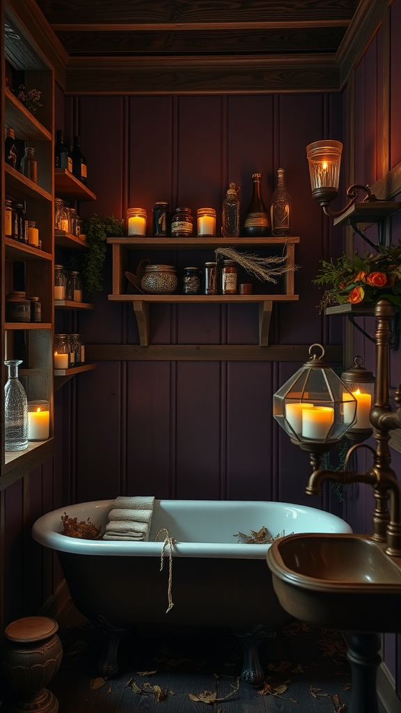 A cozy bathroom with purple walls, a clawfoot bathtub, candles, and shelves filled with jars of herbs and potions.