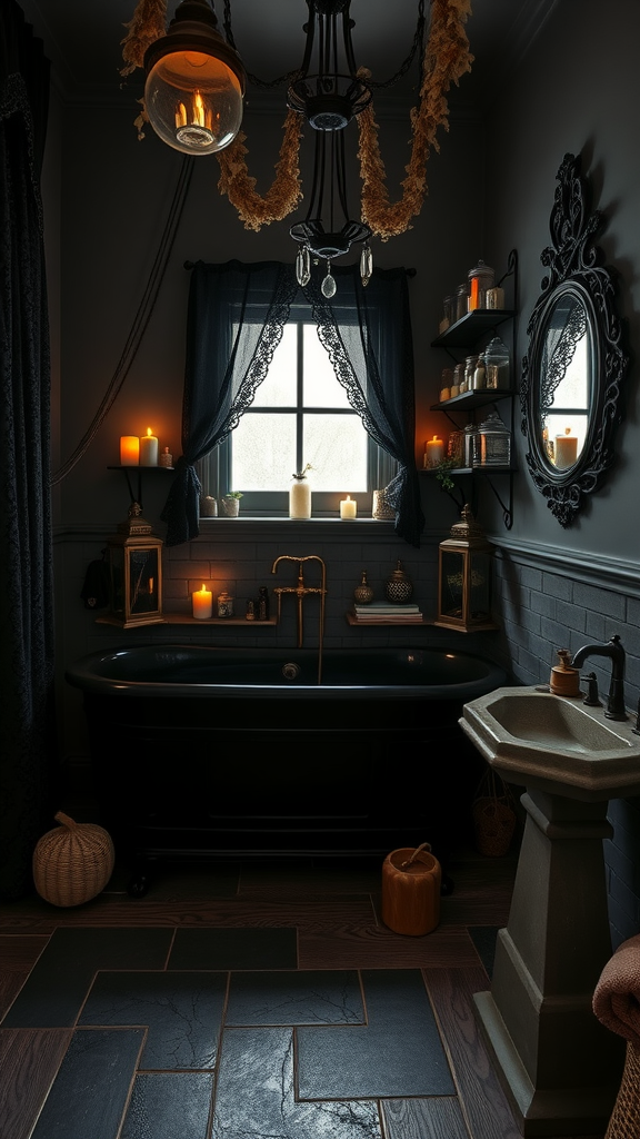 A dark-themed bathroom with a black bathtub, candles, and vintage decor.