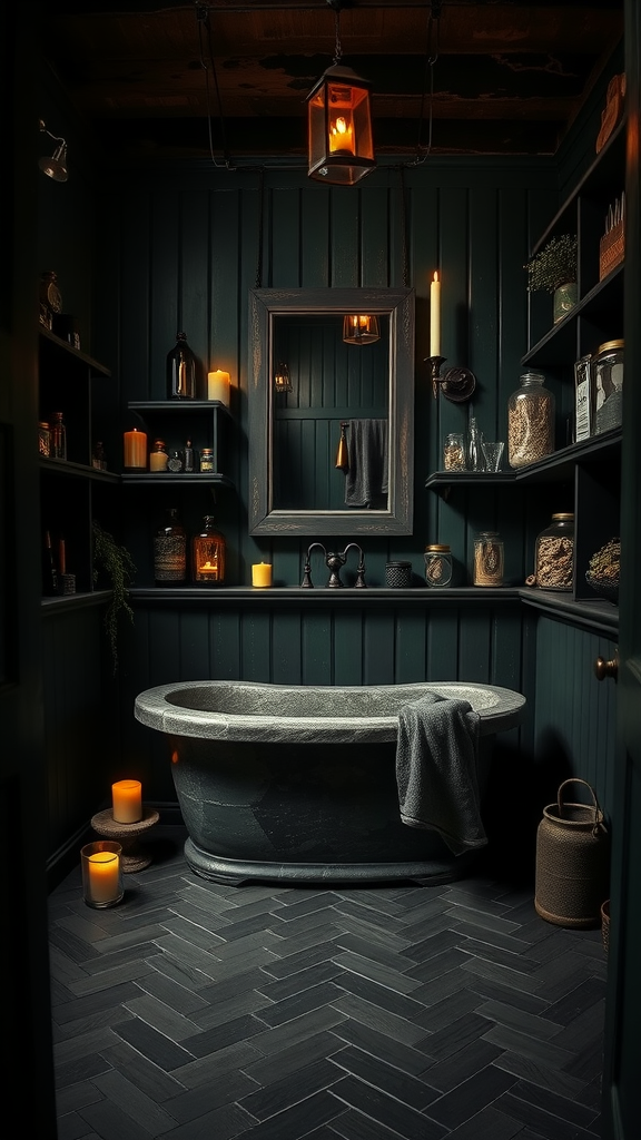 A dark, witchy apothecary-style bathroom featuring a clawfoot tub, green walls, and shelves filled with jars and candles.