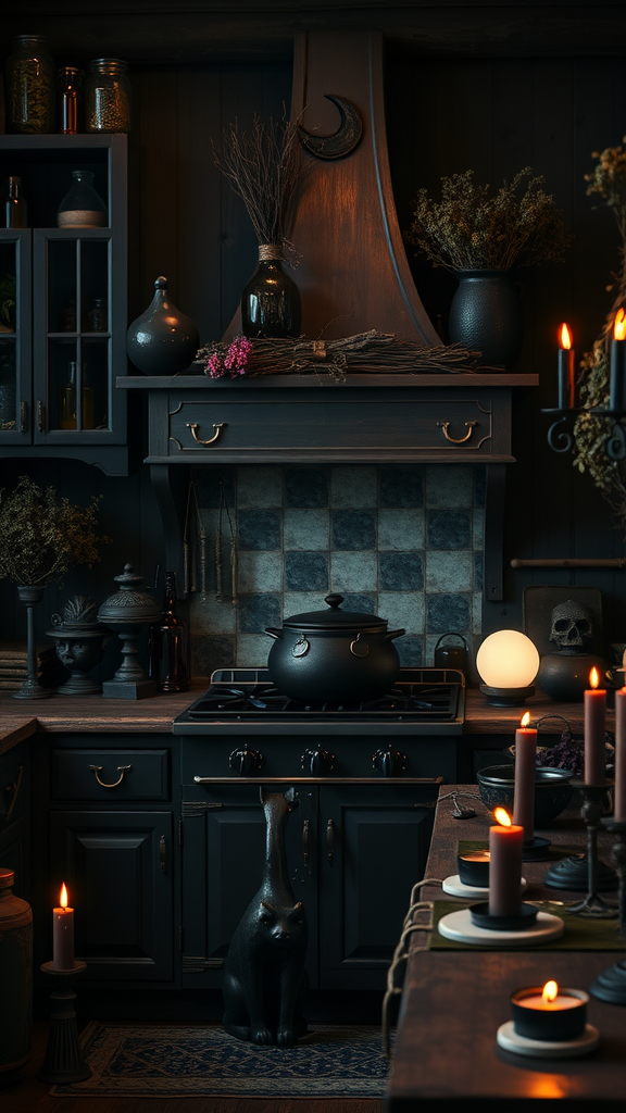 A dark cottage kitchen with a black stove, herbs, candles, and a cat statue, creating a cozy witchy atmosphere.