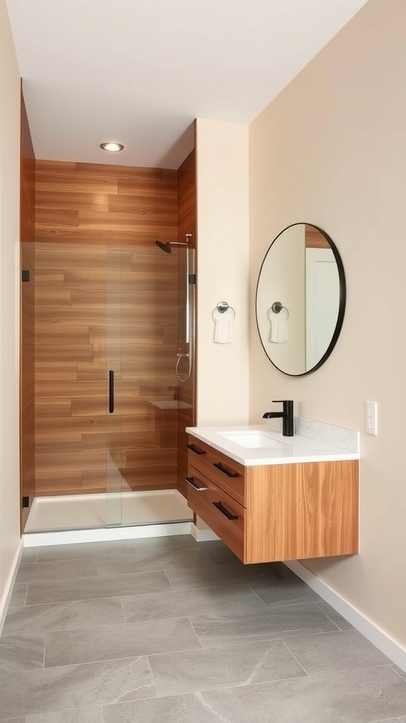 Modern bathroom featuring wood paneling, a glass shower partition, a floating vanity, and a circular mirror.