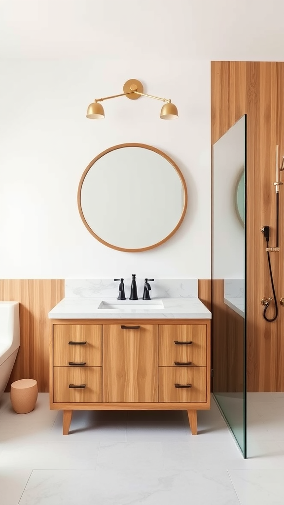 Mid-century modern bathroom featuring wood cabinetry, glass shower, round mirror, and stylish lighting.