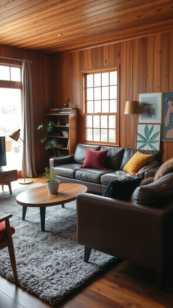 Cozy Living Room with Wood Paneling and Leather Furniture