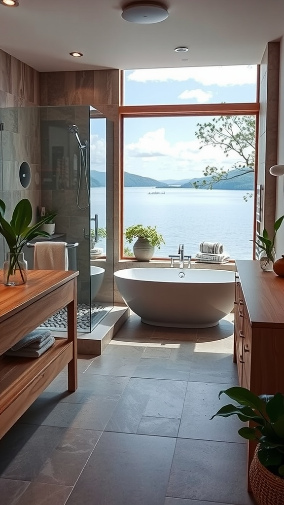 A beautiful lake house bathroom featuring wood and stone finishes, a large window with lake views, and plants for a natural touch.