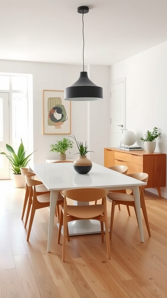 A wood and white mid-century modern dining room featuring a white table, wooden chairs, and plants.