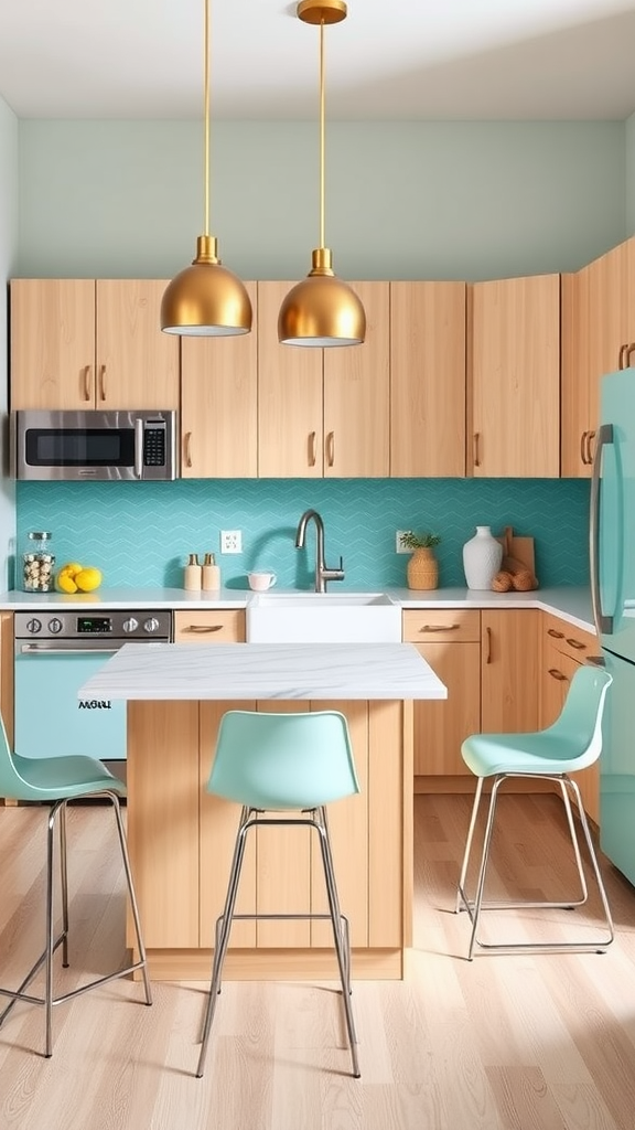 A wood and white mid-century kitchen featuring teal accents and golden pendant lights.