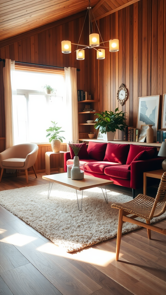 A cozy mid-century modern living room featuring wooden walls, soft lighting, a red sofa, and plants.