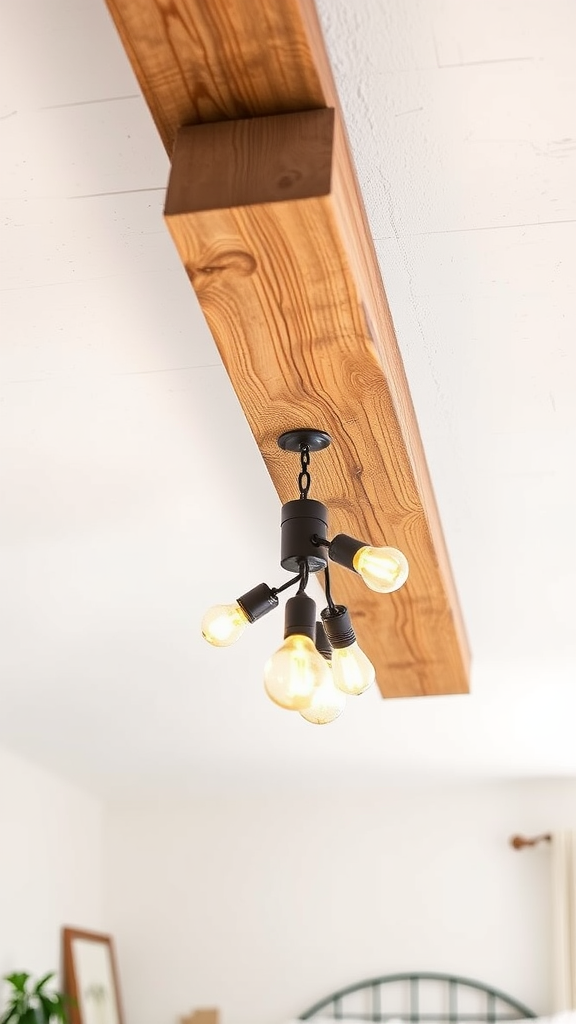 Ceiling light fixture with wooden beam and four exposed bulbs