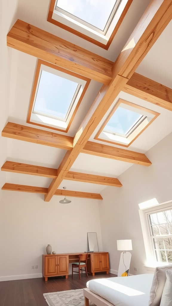 A bedroom with wooden beams and skylights, showcasing a bright and airy design.