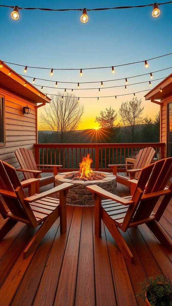 A cozy wooden patio featuring a fire pit surrounded by Adirondack chairs, with string lights overhead and a sunset in the background.