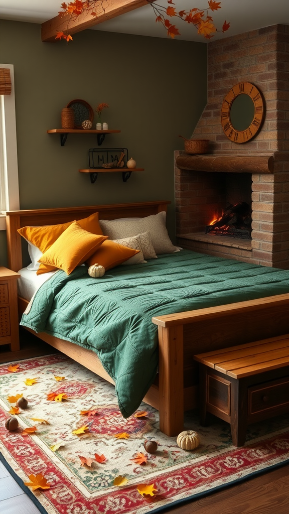 Cozy fall bedroom with green quilt, orange pillows, and autumn decorations.