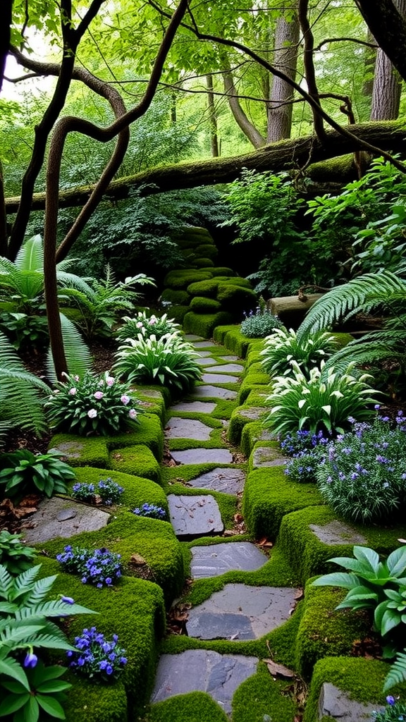 A serene woodland garden with a stone path surrounded by greenery and colorful flowers.