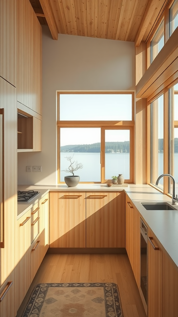 A serene kitchen with wood cabinets and large windows overlooking a lake.