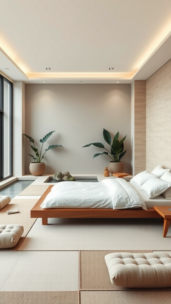 A serene and minimalist Zen-inspired luxury bedroom featuring a wooden bed, natural elements, and soft lighting.