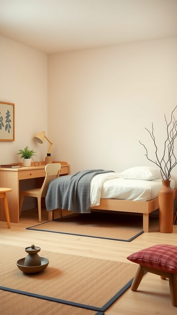 A minimalist college dorm room with a bed, desk, and natural decor