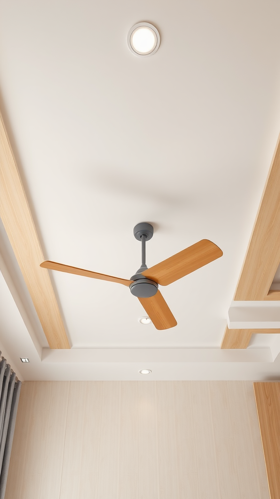 Ceiling design with wooden fan and recessed lighting