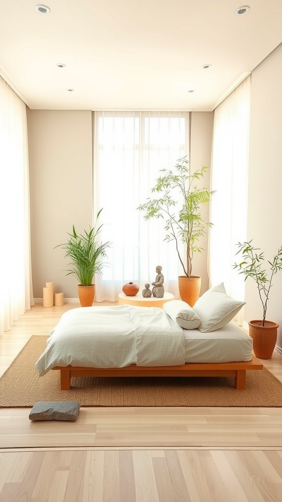 A bright zen bedroom featuring a wooden bed, potted plants, and natural decor elements.