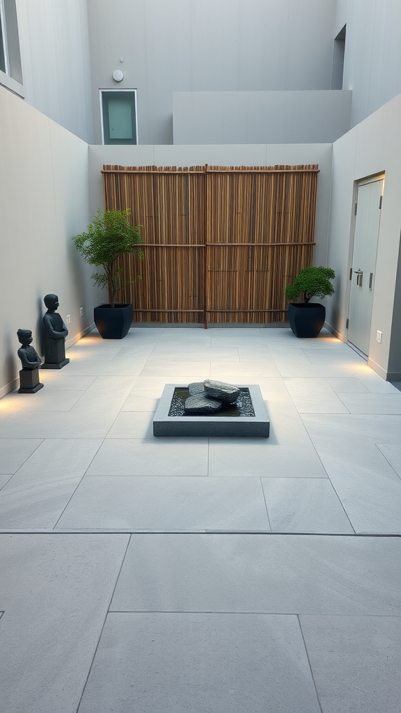 Zen concrete patio featuring minimalist design with plants and a small stone water feature.