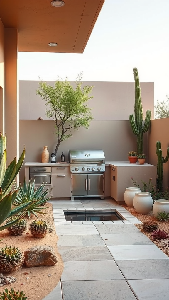 Outdoor kitchen patio featuring a grill, plants, and a sandy pathway in a desert setting.