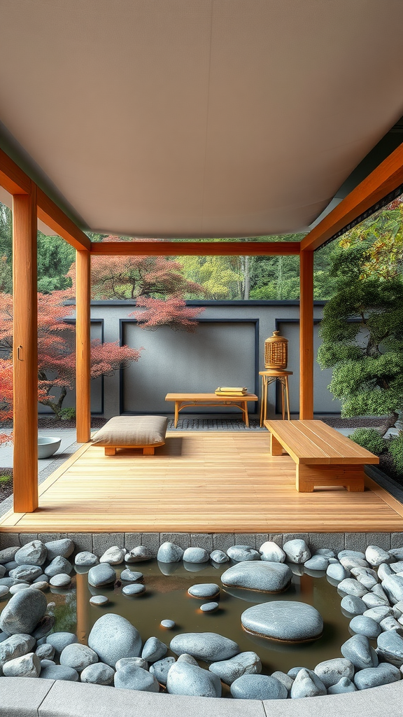 A serene covered patio with wooden flooring, a stone pond, and greenery, creating a peaceful Zen garden atmosphere.