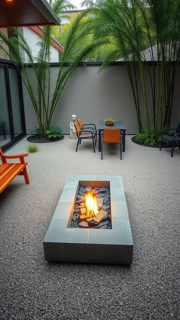 A modern patio featuring a fire pit surrounded by bamboo plants and minimalist furniture.