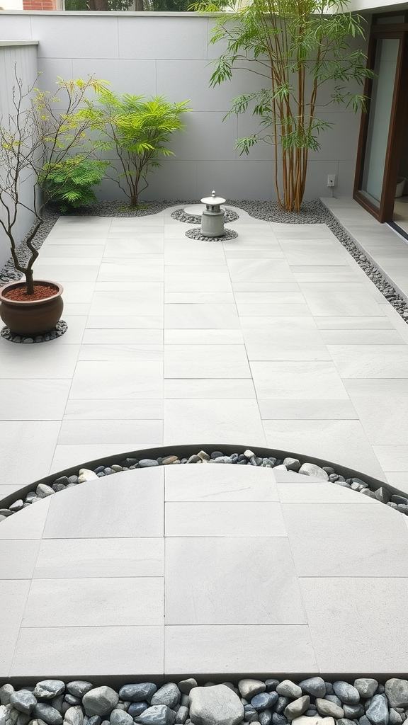 A Zen garden patio featuring smooth pavers, green plants, and a calming rock arrangement.