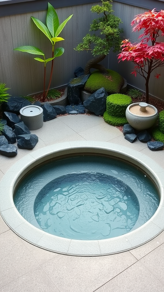 A beautiful zen garden featuring a circular plunge pool surrounded by stones, plants, and decorative elements.