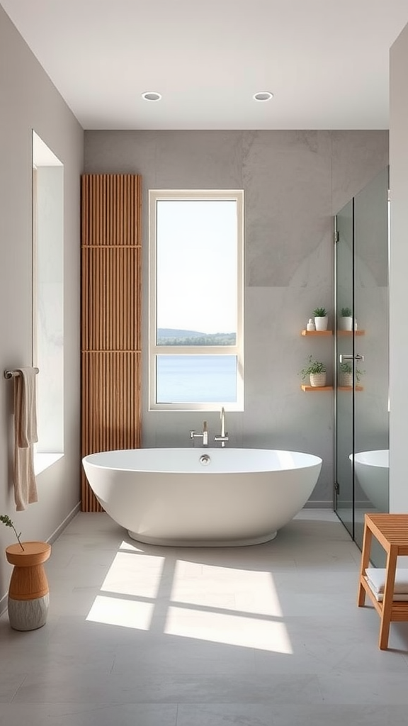 A serene lake house bathroom featuring a freestanding bathtub, large window with a lake view, and wooden accents.