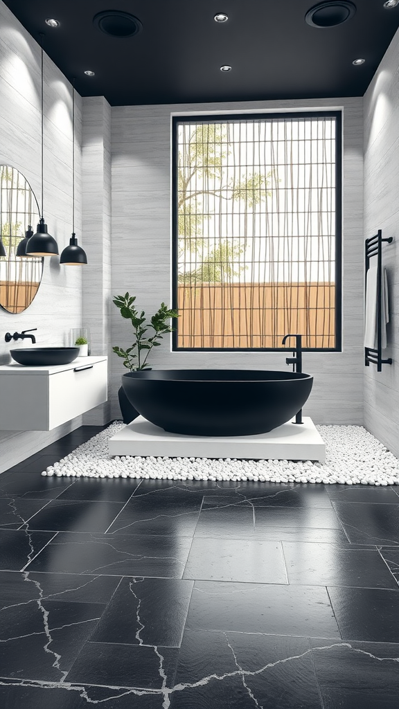 A stylish black and white bathroom featuring a modern bathtub, pebbles, and large windows for natural light.