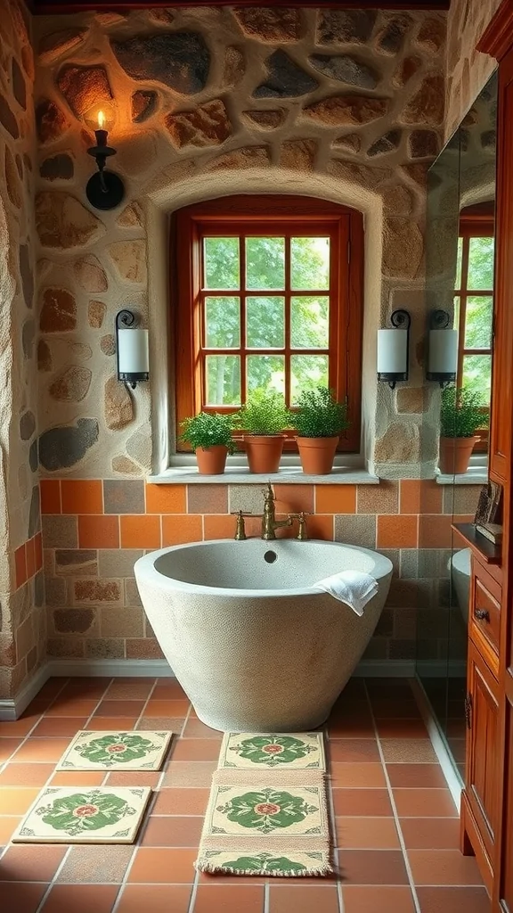 Rustic Mediterranean bathroom with stone walls, a textured bathtub, potted plants, and warm lighting.