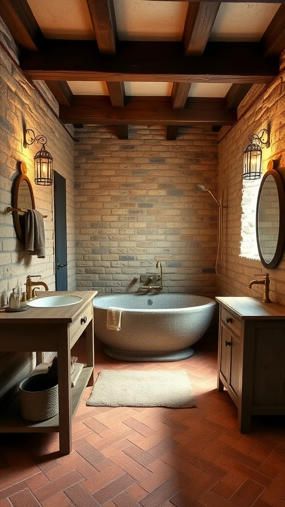 Rustic Mediterranean bathroom featuring stone walls, wooden beams, terracotta tiles, and a freestanding bathtub.