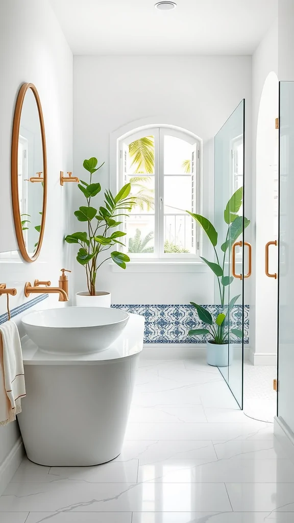 Bright white Mediterranean bathroom featuring a freestanding tub, plants, and blue patterned tiles.