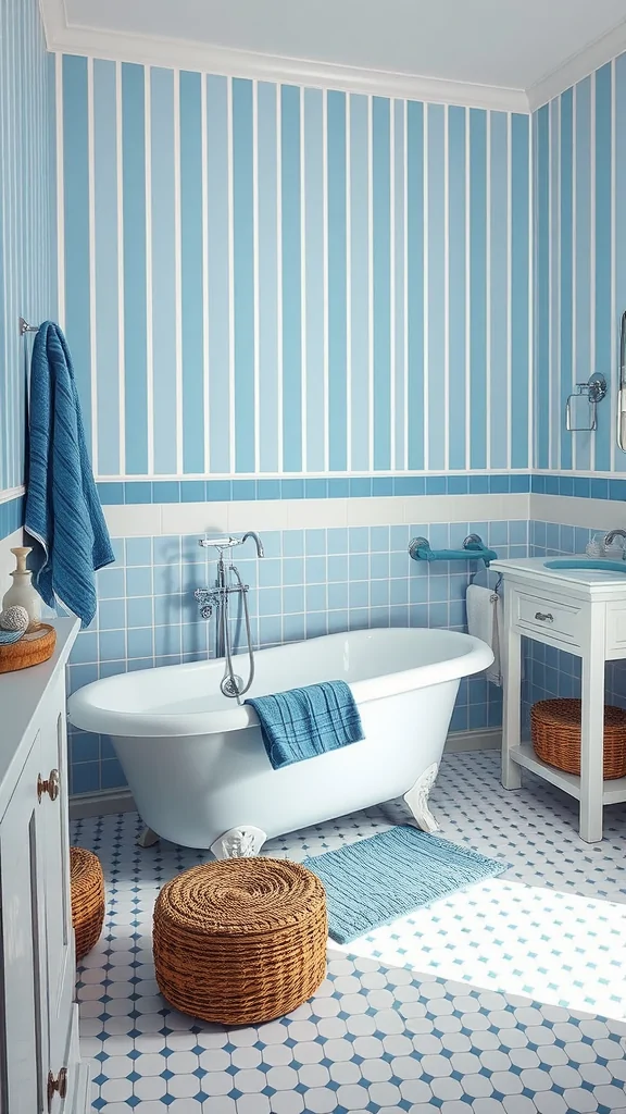 Mediterranean bathroom with blue and white walls, freestanding bathtub, and woven baskets.