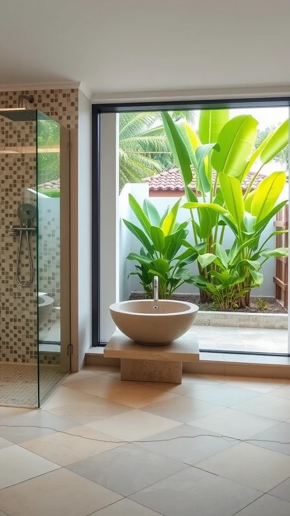 A stylish Mediterranean bathroom with a large glass window showing tropical plants outside, featuring a natural stone sink.