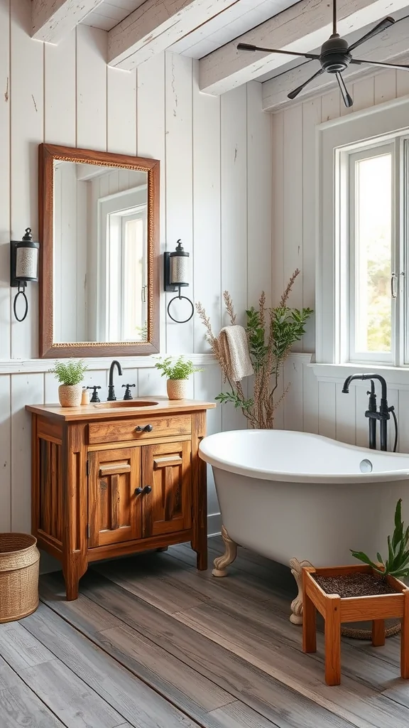 A cozy Mediterranean farmhouse bathroom featuring a wooden vanity, a white bathtub, and natural greenery.