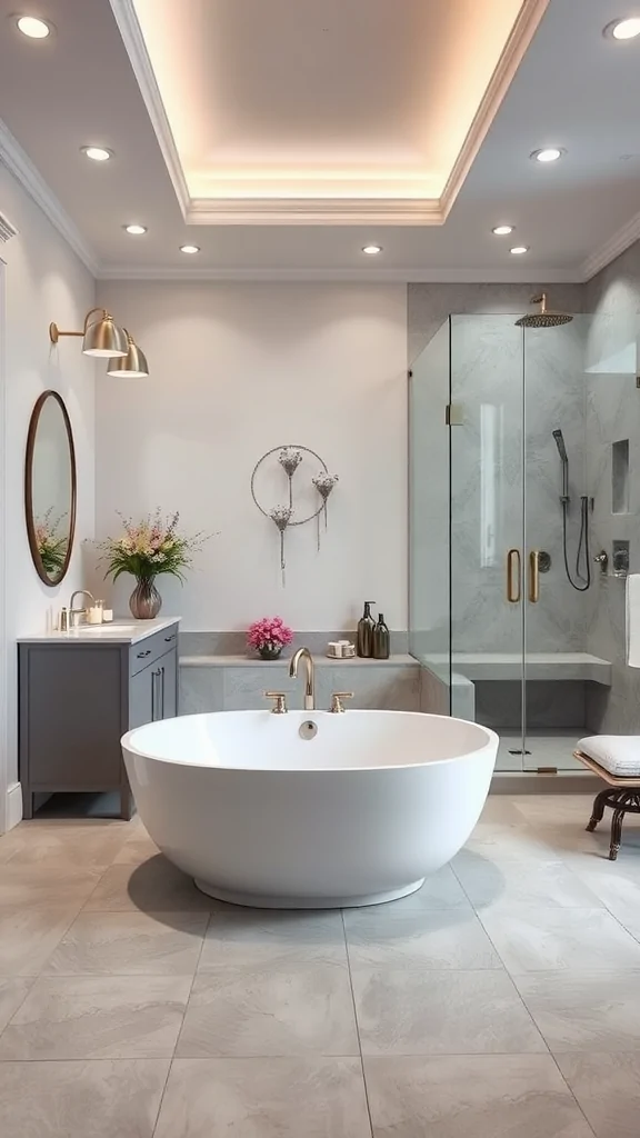 A modern Mediterranean spa bathroom featuring a freestanding bathtub, stylish fixtures, and serene decor.