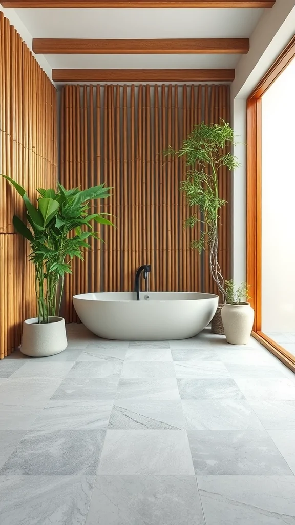 A serene Mediterranean Zen bathroom featuring a freestanding tub, wooden accent walls, and indoor plants.