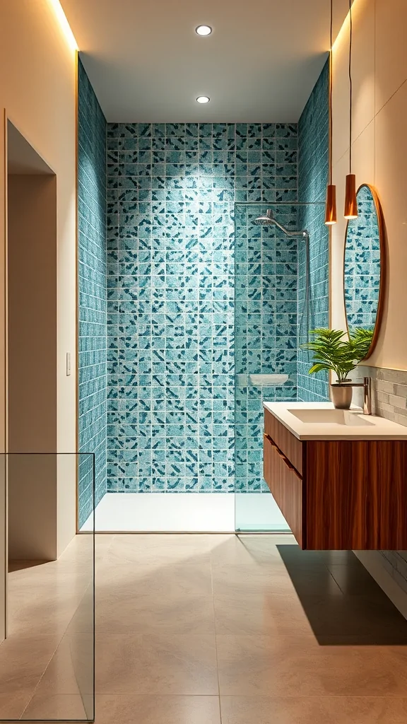 A contemporary Mediterranean bathroom featuring a blue tiled wall, a glass shower, a wooden vanity, and pendant lighting.